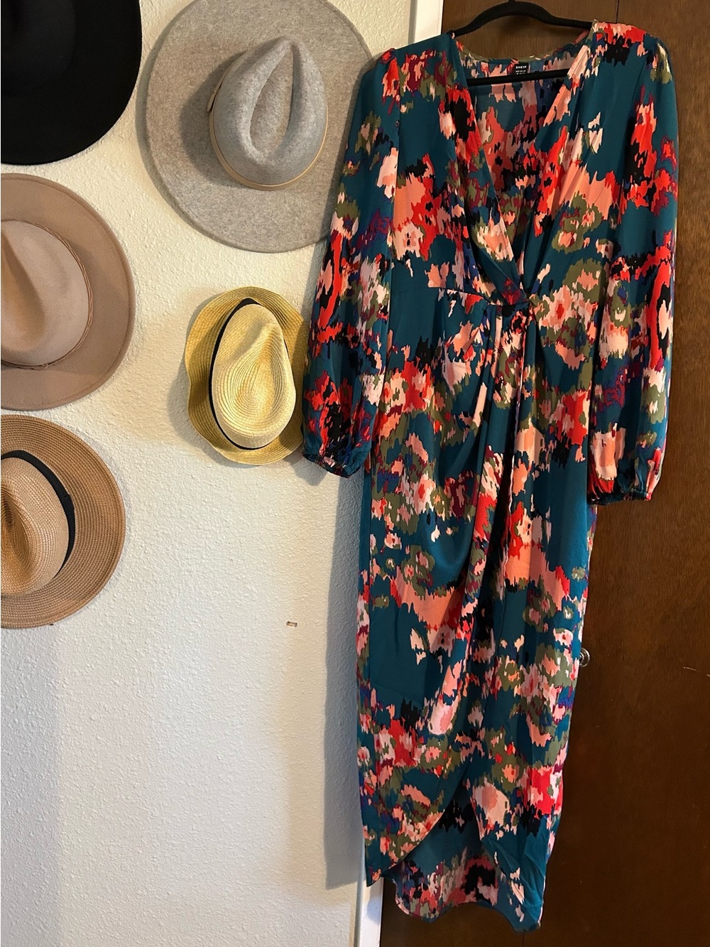 Teal Multi-Color Floral Wrap Midi Dress